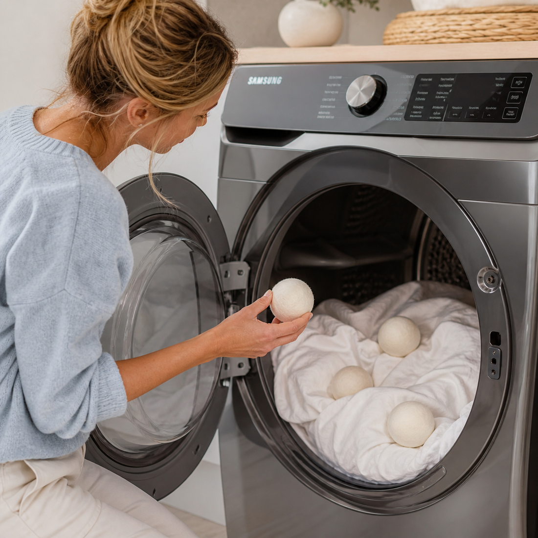 woman using dryer balls instead of dryer sheets in a non-toxic home